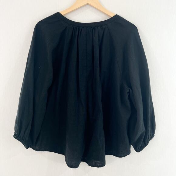 A New Day Women's Linen Split Neck Blouse Blouson Sleeve Medium Black - Picture 5 of 5